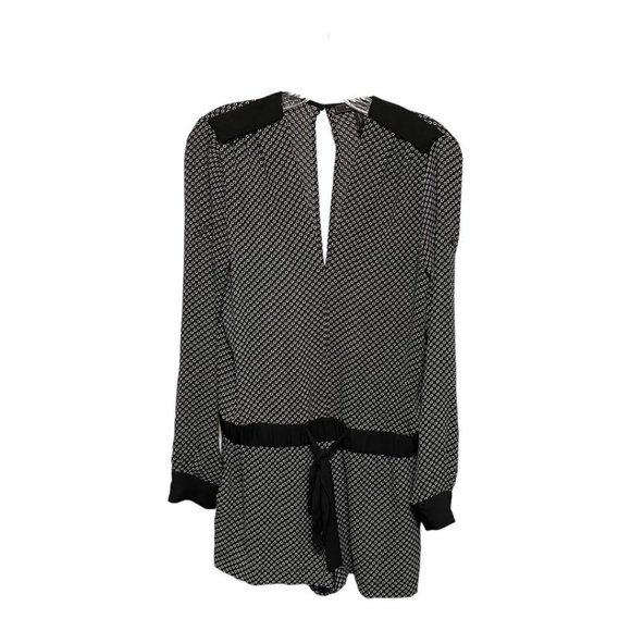 BCBGMAXAZRIA XS Black Printed Francis Roll Tab Sleeves V Neck Romper - Picture 2 of 6